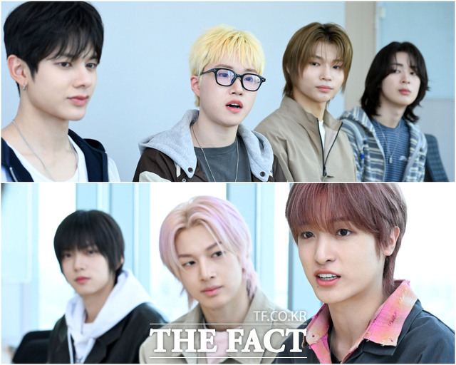NAZE's Turn, Ato, Yuya, Kaisei, Kim Gun, Yunki, and Dohyuk (clockwise from top left) release their debut album 'NAZE' on May 4th at 6 PM.