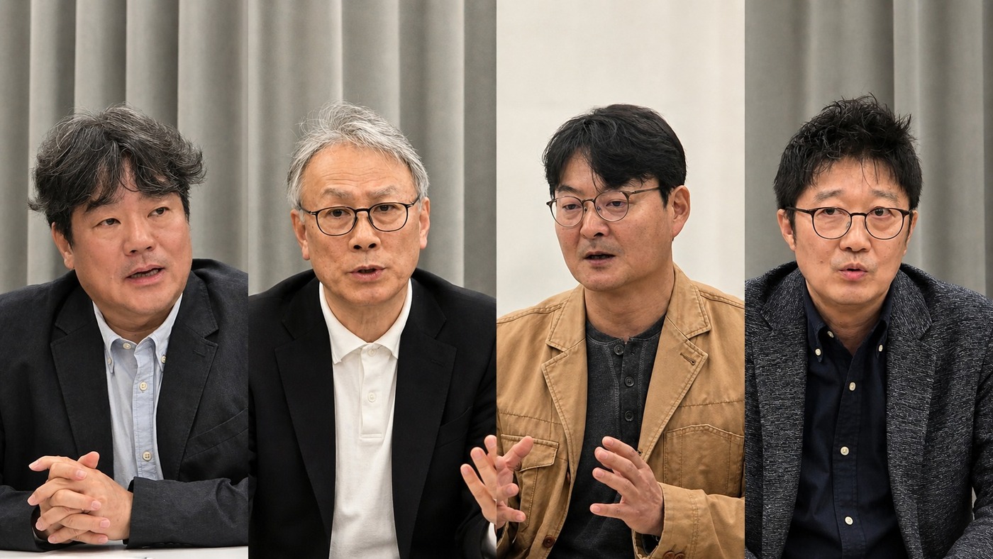From left: CEO of EL TV Baek Heon-seok, Vice Chairman of the Korea Drama Producers Association Kim Hee-yeol, representative of the Korean Film Producers Association Lee Dong-ha, and CEO of CJ CGV Jung Jong-min