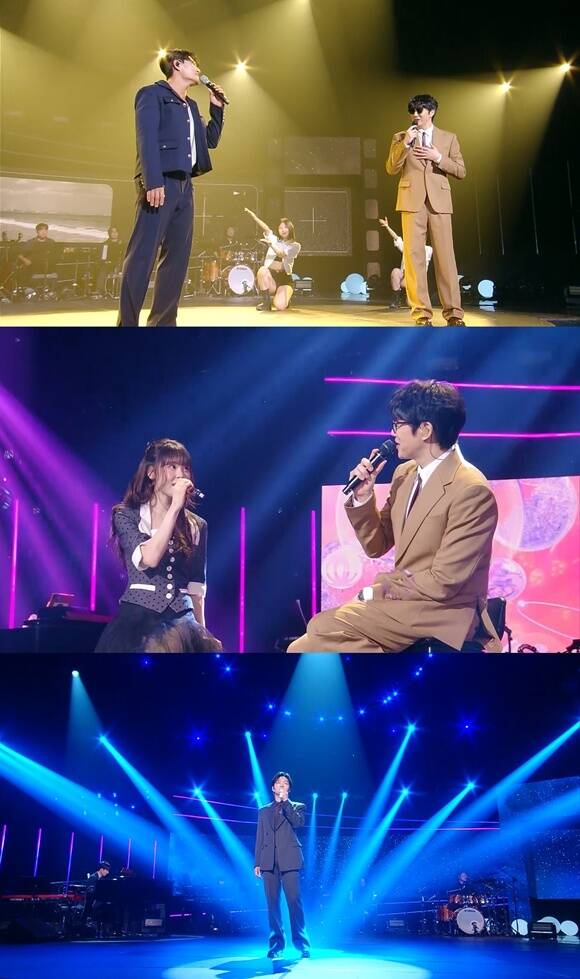 Singers Kim Jong Kook, Choi Yu Ree, and Lee Chang Sub (from top) meet Sung Si Kyung on the KBS2 variety program 'The Seasons - Sung Si Kyung's Ear Boyfriend'. /KBS2