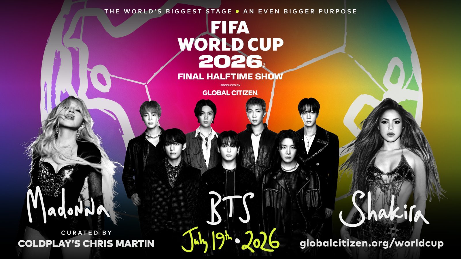 BTS will perform alongside Madonna and Shakira at the 2026 FIFA North America World Cup final halftime show. Photo provided by Global Citizen