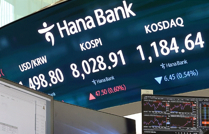 코스피 8000 포인트를 돌파한 15일 서울 하나은행 본점 딜링룸/ 사진=연합뉴스