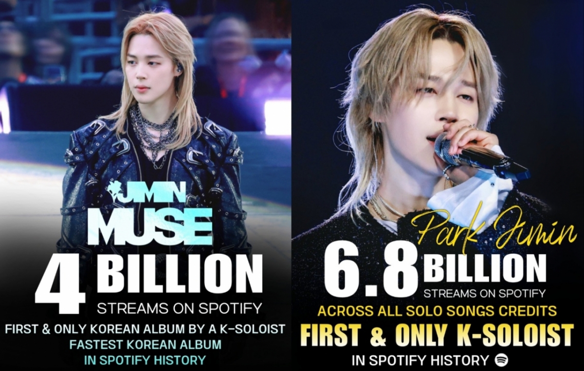 방탄소년단 지민  'MUSE' 한국어 솔로앨범 사상 첫 스포티파이 40억 돌파..솔로 음원 파워 입증