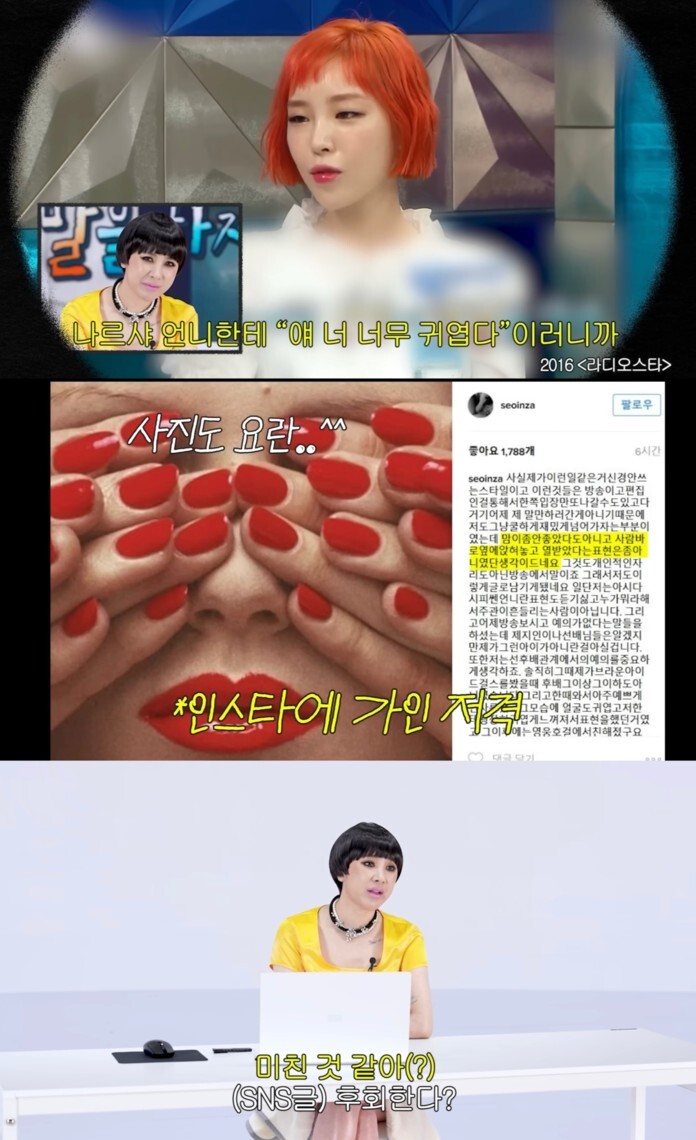 The conflict between Seo In-young and Gain at the time, and Seo In-young's sniping post. Capture from YouTube channel '개과천선 서인영'