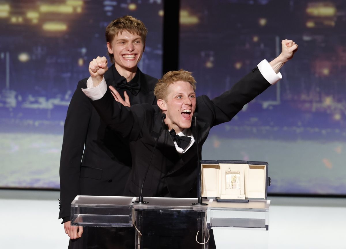 Actors Emmanuel Machia (left) and Valentin Campagne of 'Coward,' who won the Best Actor award at the 79th Cannes Film Festival.