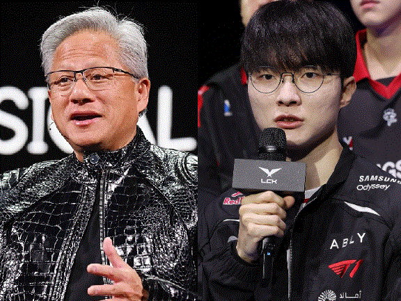 젠슨 황 엔비디아 최고경영자 CEO, T1 주장 '페이커' 이상혁/ 사진=연합뉴스