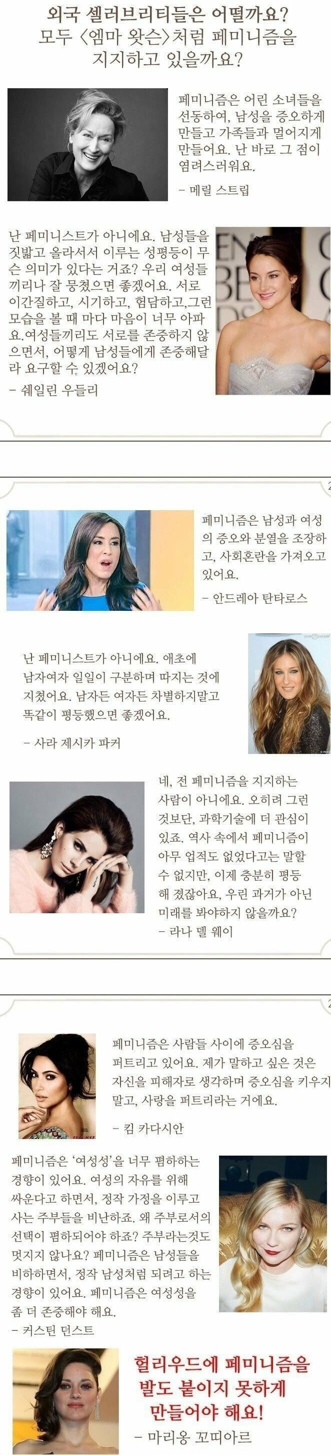 반페미 선언한 할리우드 여자 연예인들