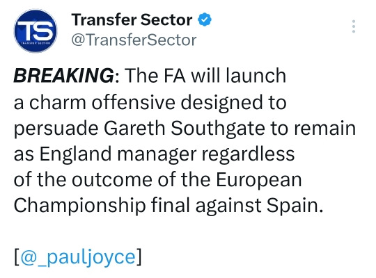 [스크랩]      [해외축구]폴조이스)FA는 스페인과의 결승전 결과 관계없이 사우스게이트가 잉글랜드 감독직을 유지하도록 설득하기위해 매력공세를 시작할 것 -cboard