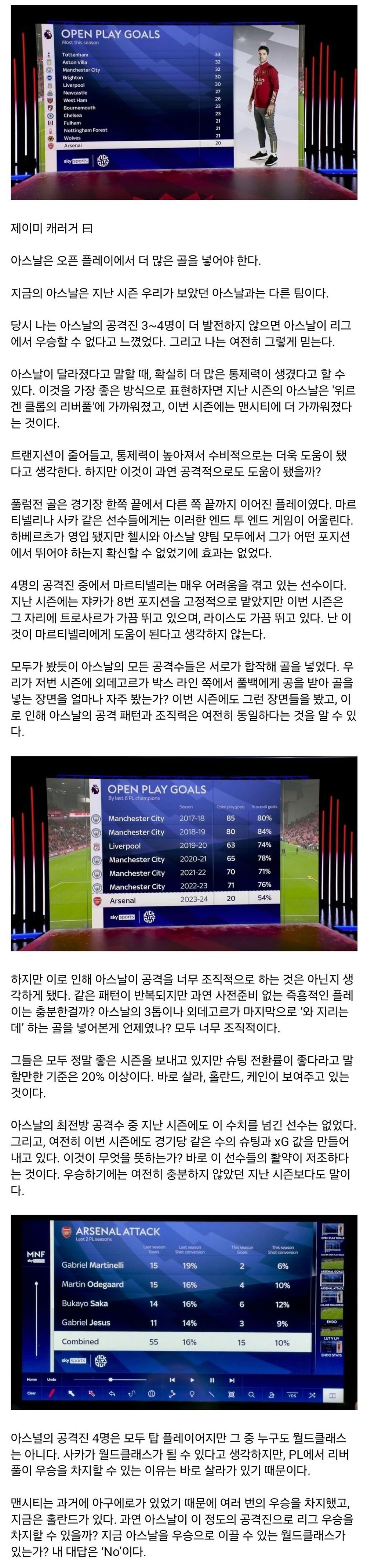 캐러거:아스날에는 월클 플레이어가 없다 지금 선수들론 우승 못함 -cboard