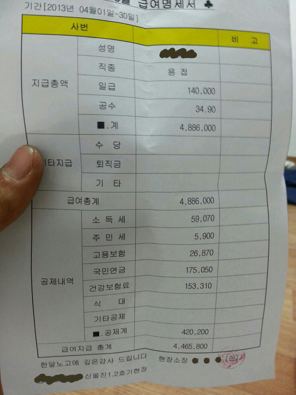 각종 직업별 급여 명세서