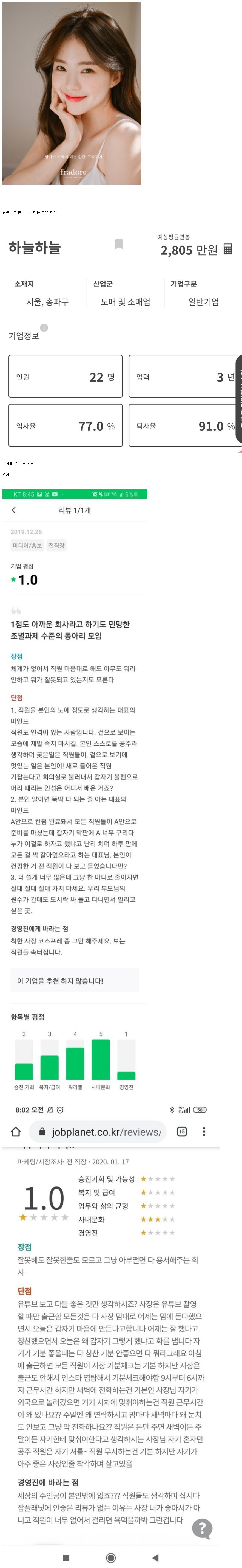  퇴사율 91  하늘하늘 잡플래닛 회사 리뷰