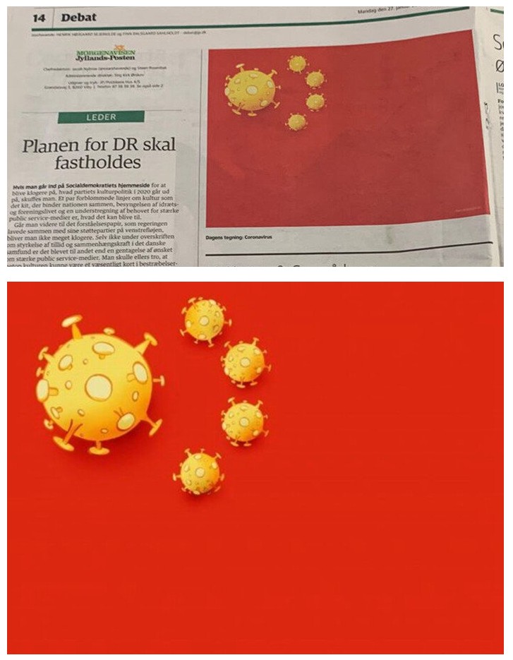  덴마크 신문 1면에서 조롱한...중국 국기