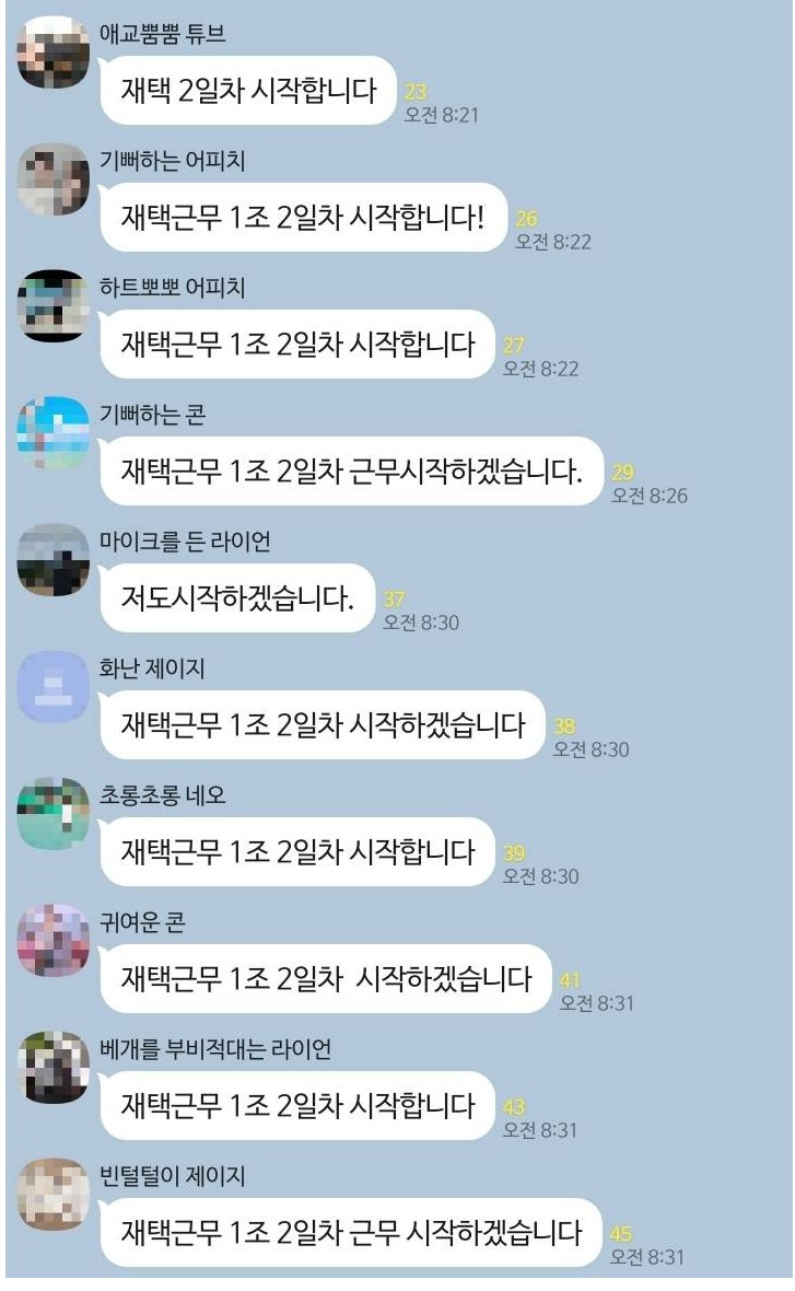 재택근무 2일차 회사 카톡방 상태