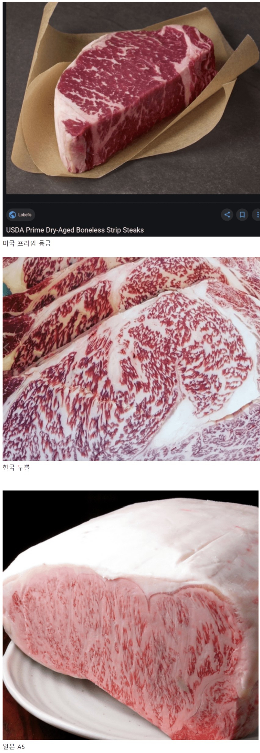  한미일 최고등급 소고기 비교