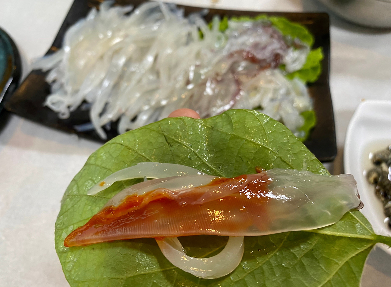 콩잎에 싸 먹는 제주 한치회, 한치통찜과 한치먹물라면