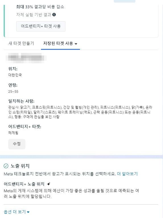 캠페인 세팅 내 타겟 정의 예시 화면