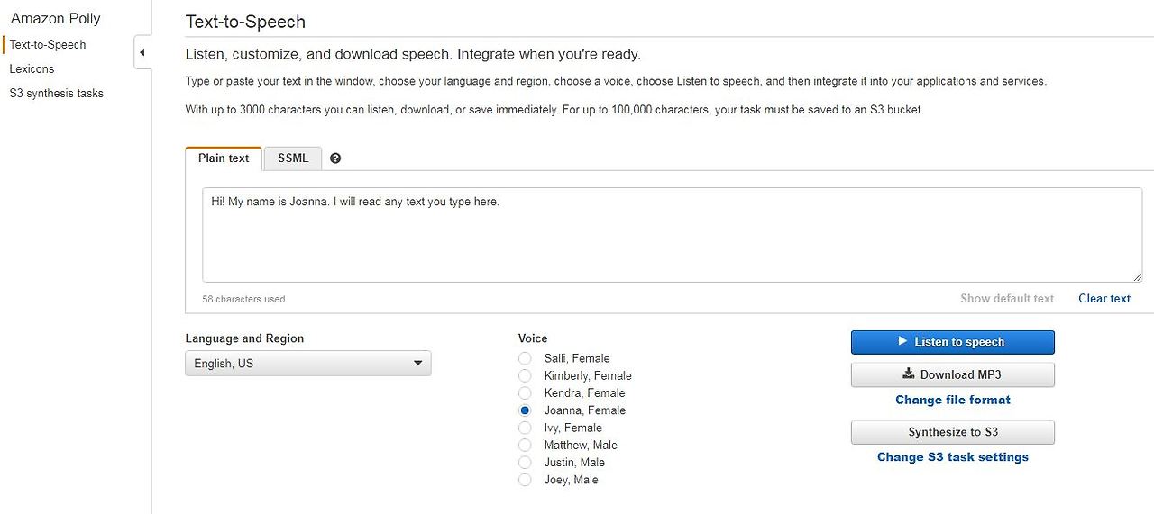 52. 음성지원 Amazon Polly 잠시 사용해보기