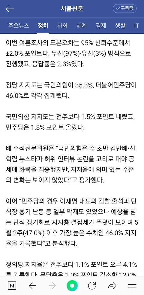 尹지지율 35.5%…민주당, 국민의힘에 두 자릿수 앞서