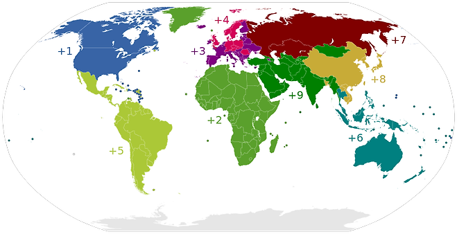 전 세계의 지역별 국가번호를 색깔별로 나타낸 지도