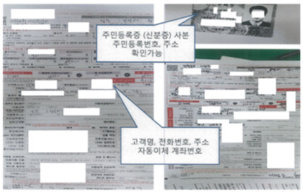 KT 자회사 및 위탁 업체 직원들이 네이버 밴드를 통해 가입자의 신분증 사본과 가입신청서 원본사진을 그대로 공유한 모습. / 변재일 의원실 제공