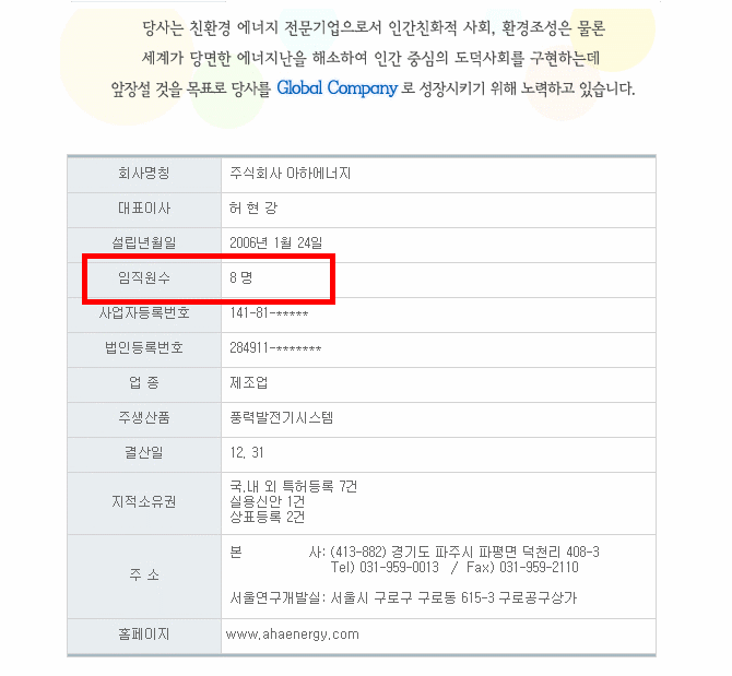 아하에너지 홈페이지 캡쳐 (4): 회사 소개