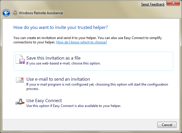 remote assistance invite options