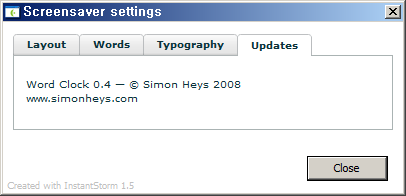Word Clock 정보창. Copyright 2008 by Simon Heys