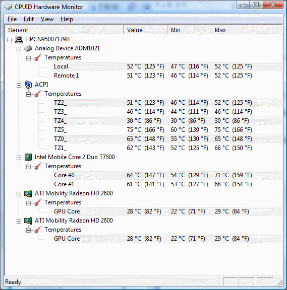 CPU: 64도 / GPU: 28도