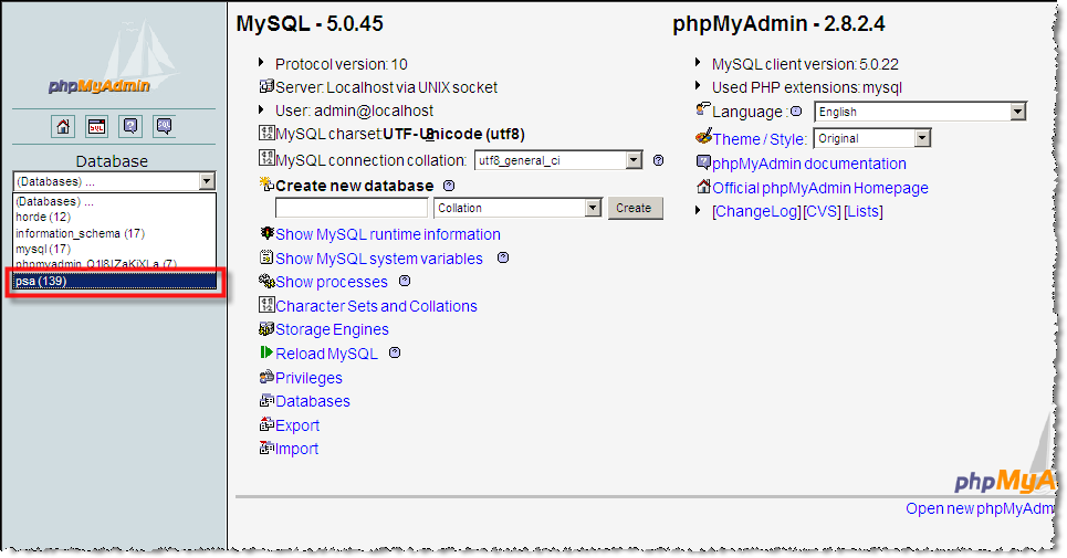 phpMyAdmin에서 psa데이터베이스를 선택한다.
