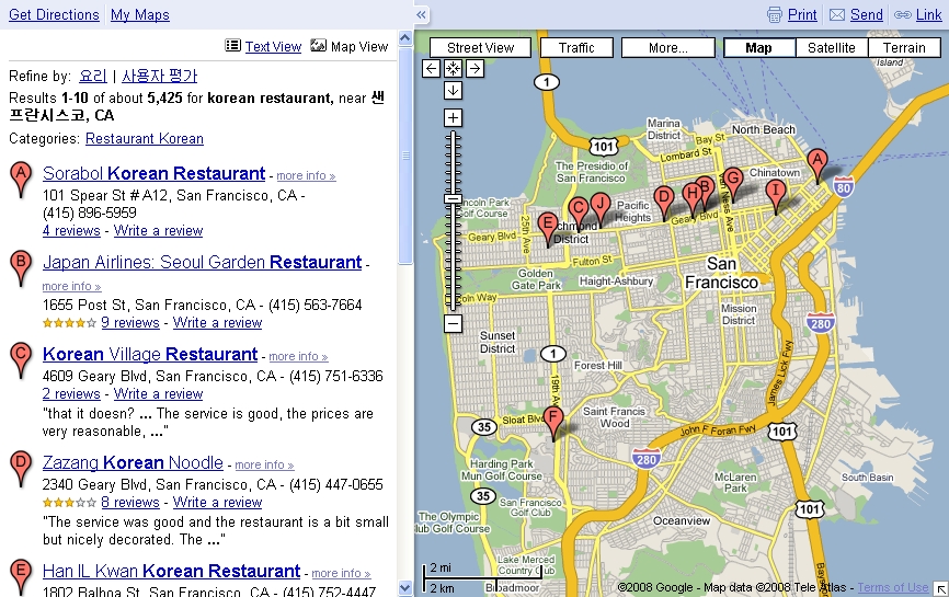 구글맵(Google Maps)에서 샌프란시스코 한국식당을 검색한 화면