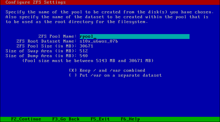 Solaris ZFS Setting Screen