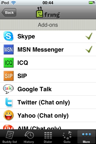 메뉴화면에서 Add-ons 메뉴 선택 화면 - 여러 메신저를 등록할 수 있다.