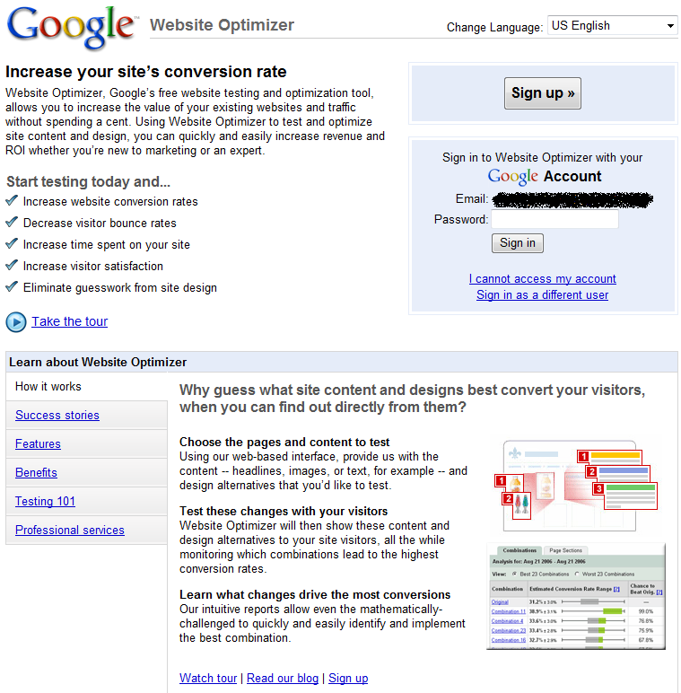 Google Website Optimizer - welcome screen and instruction