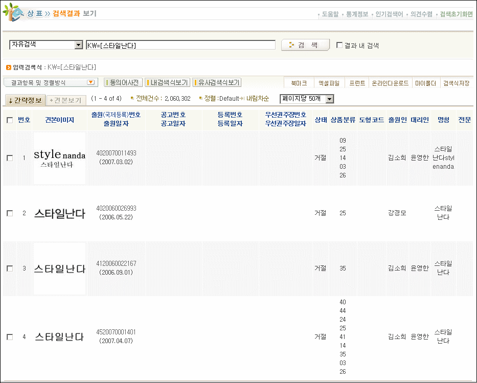 스타일난다 상표권 조회 결과
