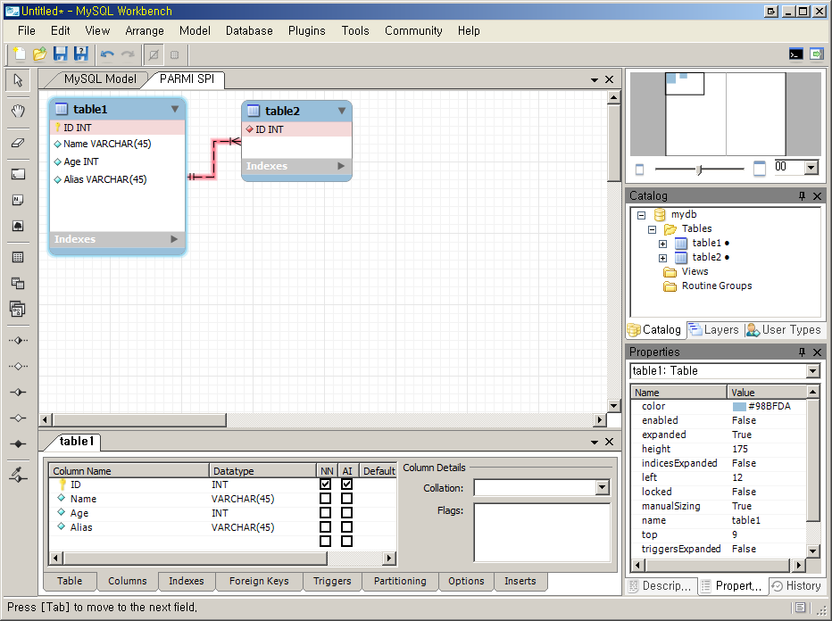 MySQL Workbench 디자인 화면