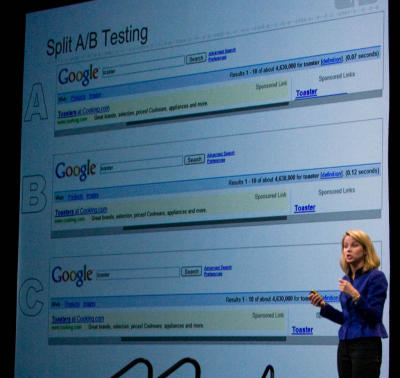 Vice president of search products and user experience at Google, shows three slightly different versions of Google's search results page that the company tested with users. The top, with the least white space, was more popular as measured by how much users searched.