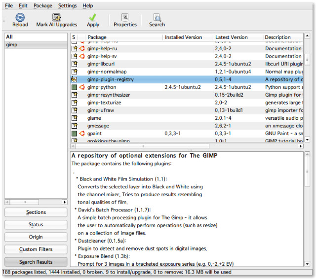 Synpatics 설치 화면: gimp-plugin-registry
