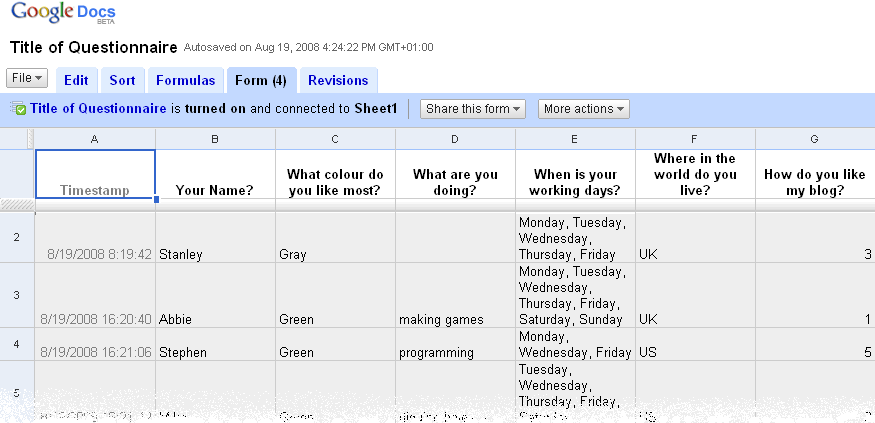 Google Docs Form - Survey Result on Spreadsheet