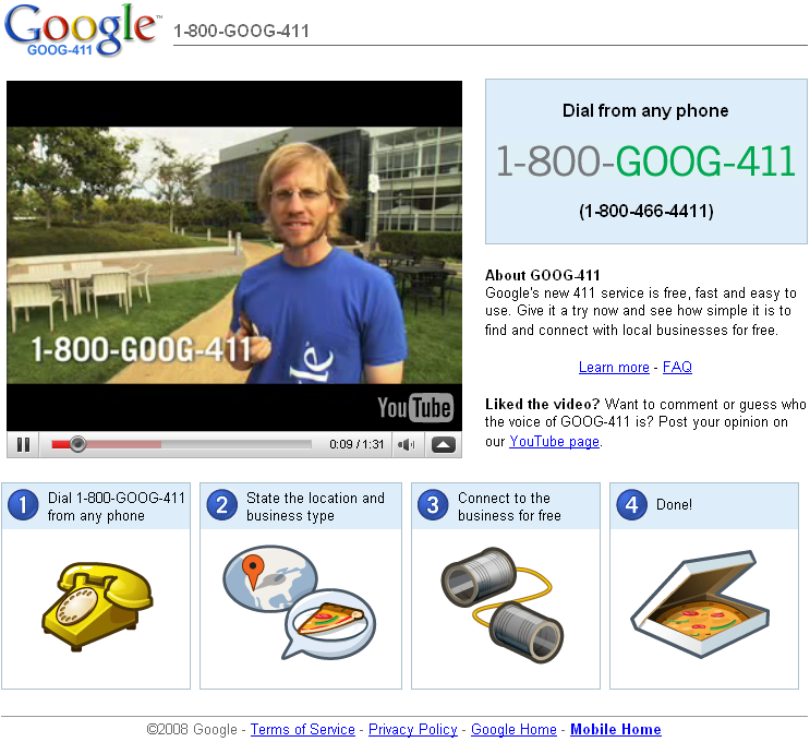 GOOG-411, Google's Voice (Phone Book) Search