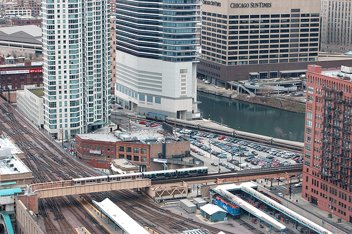 Metra's Ogilvie Transportation Center, The Clinton CTA station with a Pink Line Train headed to the Loop, & an Amtrak train out of Union Station - Transit Hat Trick! - Taken From 540 West Madison Street - 23rd floor 